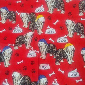 Sheepdog Fabric Shamash Sons Red Dog Bowl Bone Paws Shaggy 82"x45" READ FLAWED